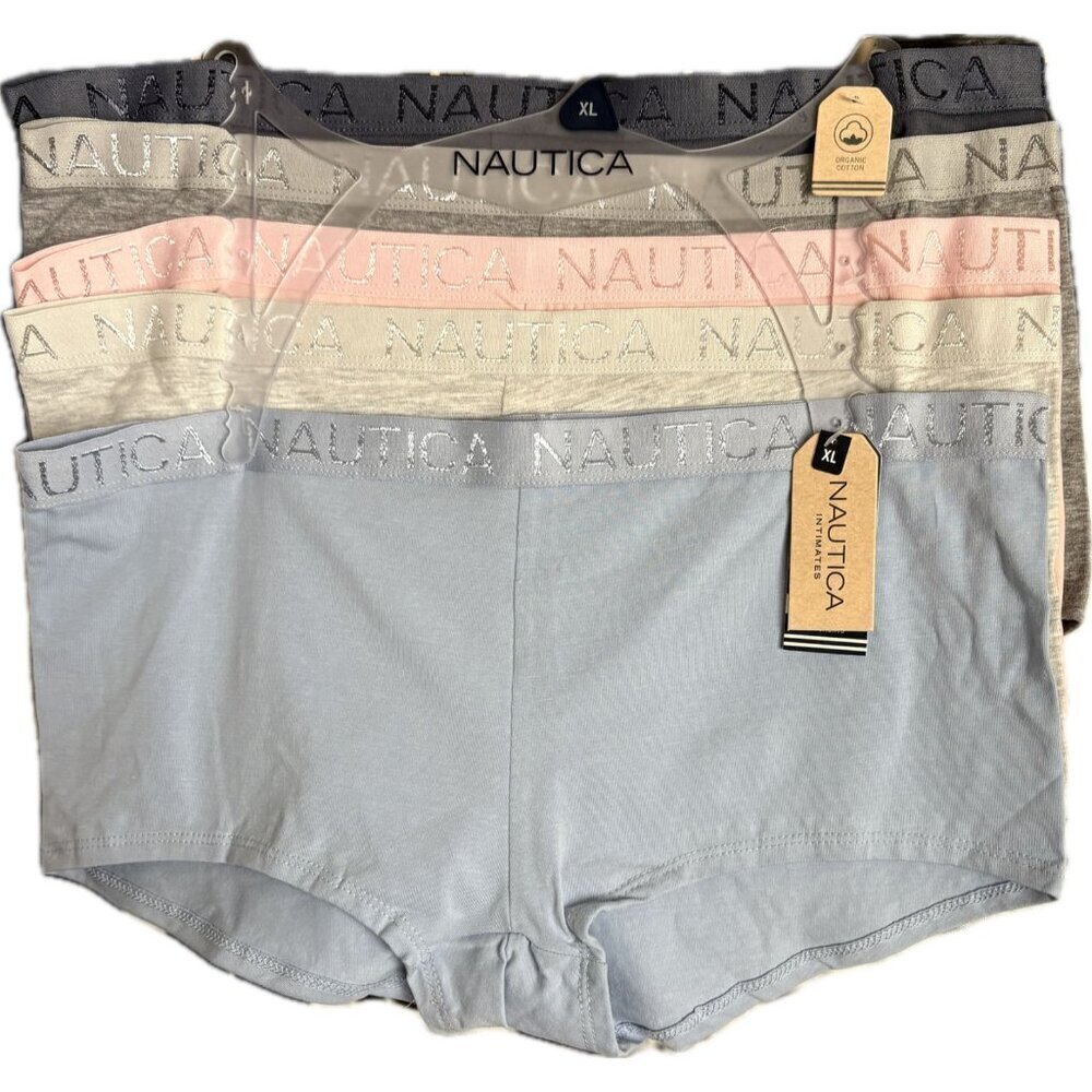 Nautica XL Blue-Pink-Gray Logo Waistband Organic Cotton Boy Short Panties-5-Pack - Picture 3 of 6